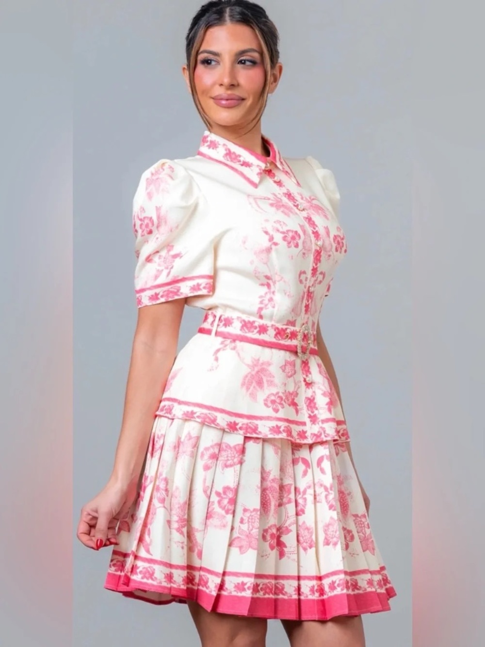 Boutique Ivory & Pink Floral Peplum Belted Dress Size Small NWOT